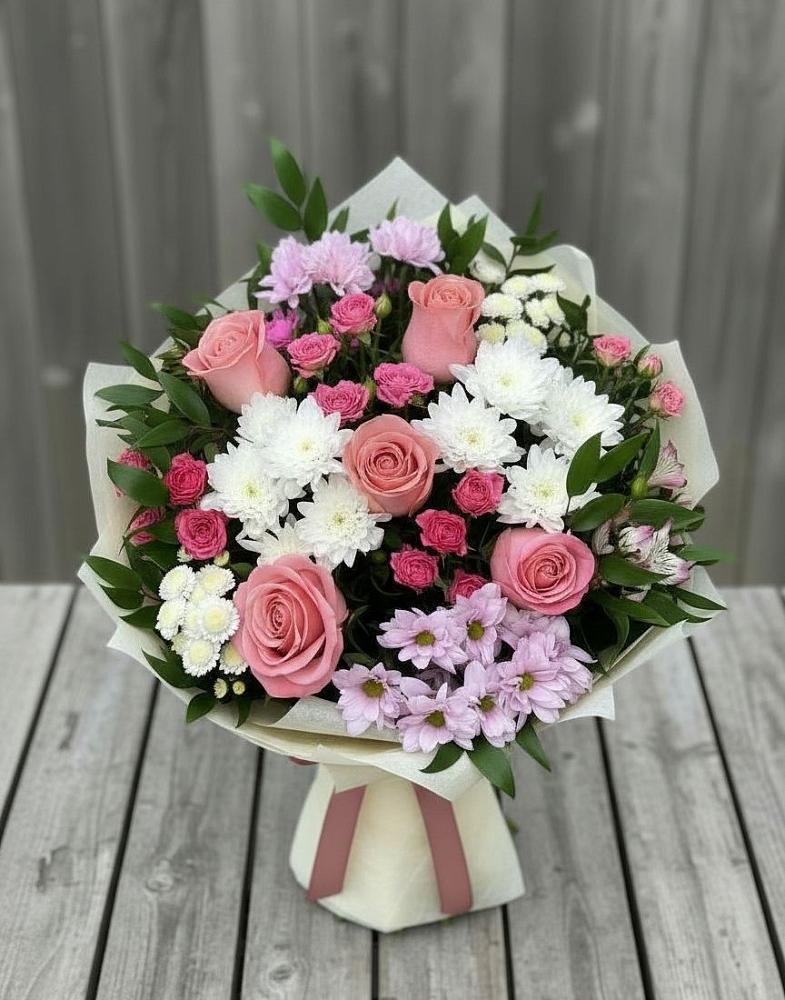 Букет цветов из: Альстромерии, Гвоздики, Розы и Хризантемы в Рощино Ставропольского края