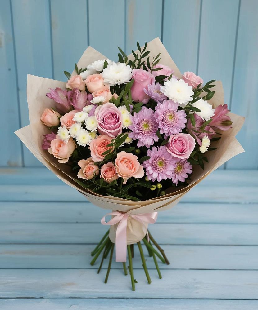 Букет цветов из: Хризантемы, Розы и Альстромерии в Рощино Ставропольского края