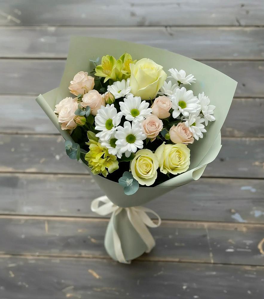 Букет цветов из: Альстромерии, Розы и Хризантемы в Рощино Ставропольского края