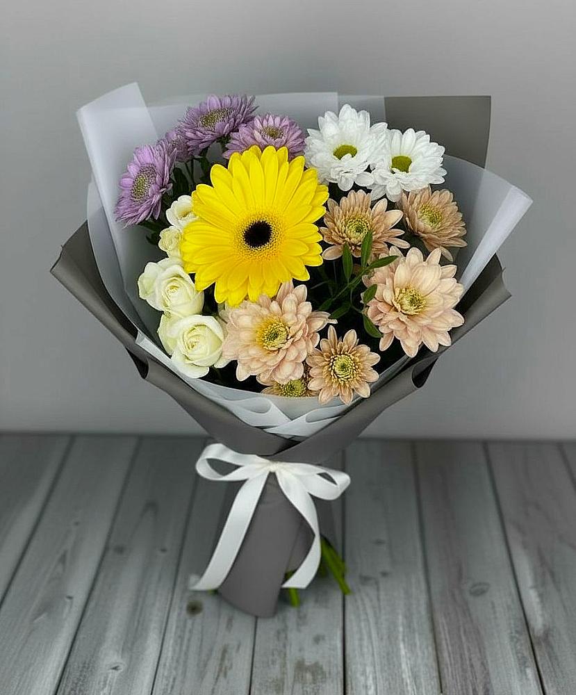 Букет цветов из: Розы, Герберы и Хризантемы в Рощино Ставропольского края