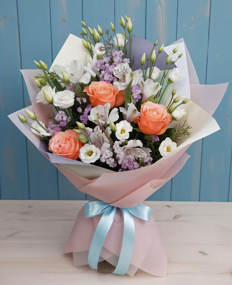 Букет цветов из: Лизиантусы, Розы, Альстромерии и Гипсофила в Рощино Ставропольского края