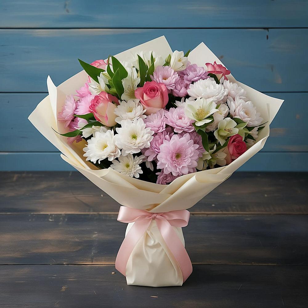 Букет цветов из: Хризантемы, Альстромерии и Розы в Рощино Ставропольского края